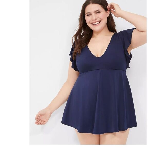 NWT Lane Bryant Flutter Sleeve Navy Blue Modest Swim Dress, Plus Size 24 - Picture 1 of 11